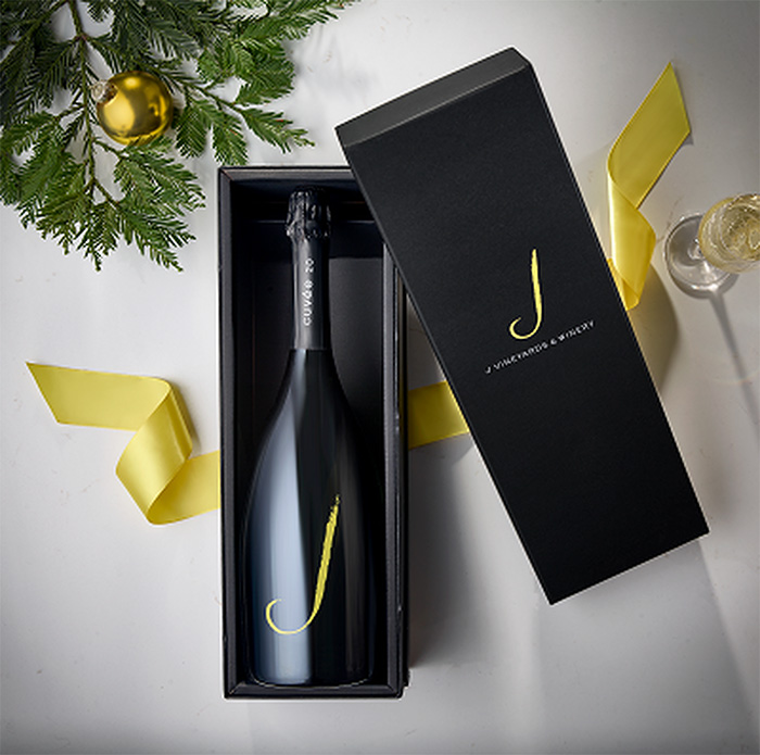 Bottle of J Wine Cuvee in a black gift box