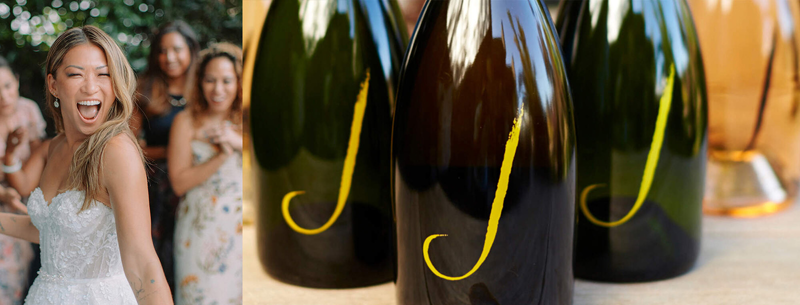 Collage of J Wine bottles and Jenna Ushkowitz wedding photo