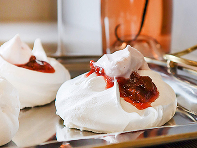 Pavlova With Rhubarb & Vanilla Compote With Strawberry Whipped Cream