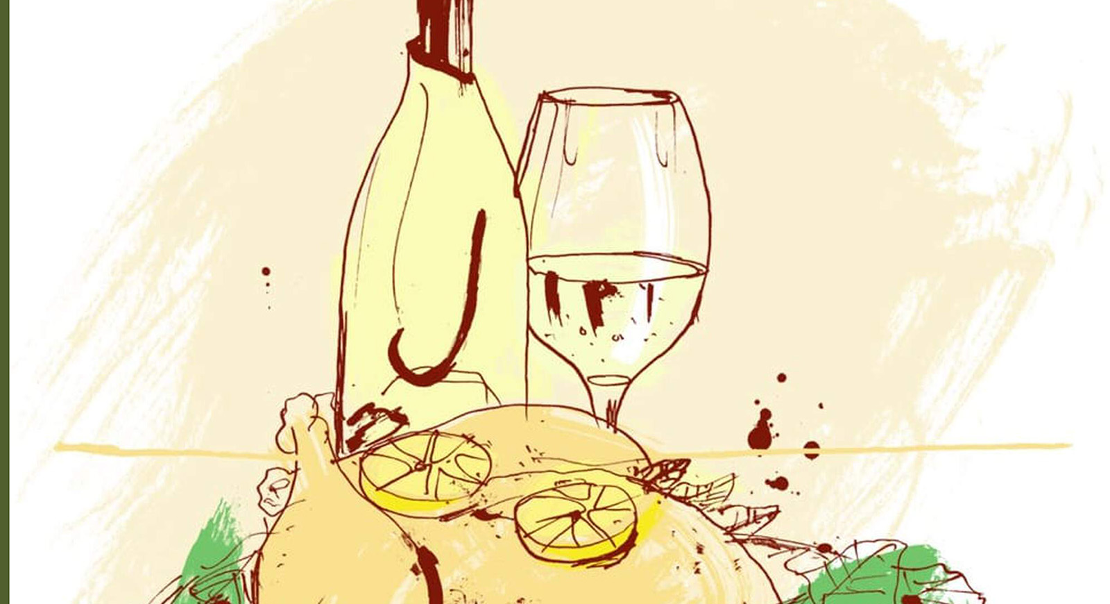 Sketch of a roast chicken with a bottle of red wine on a table