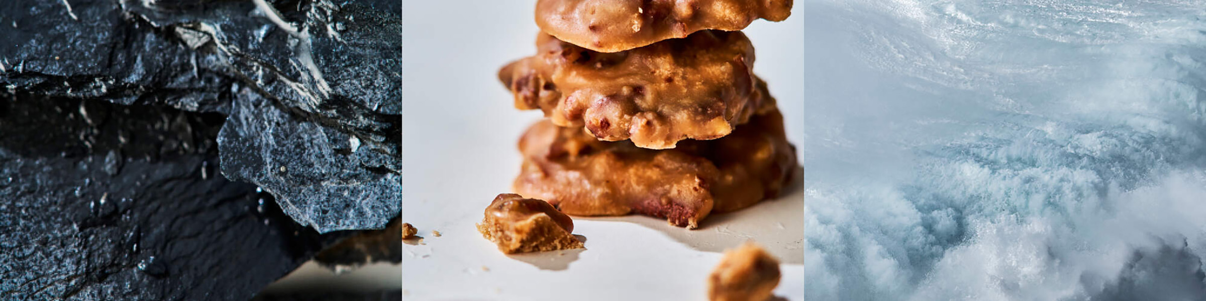 three image banner of stone, cookies and an avalanche. 