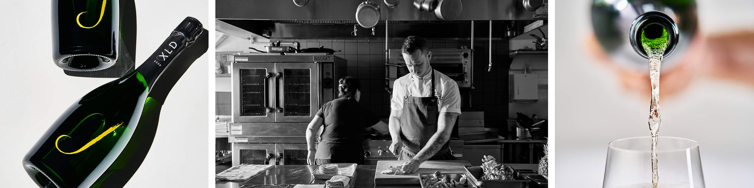 2008 XLD Wine bottles, 2 people preparing food in a kitchen, wine being poured in to a glass.