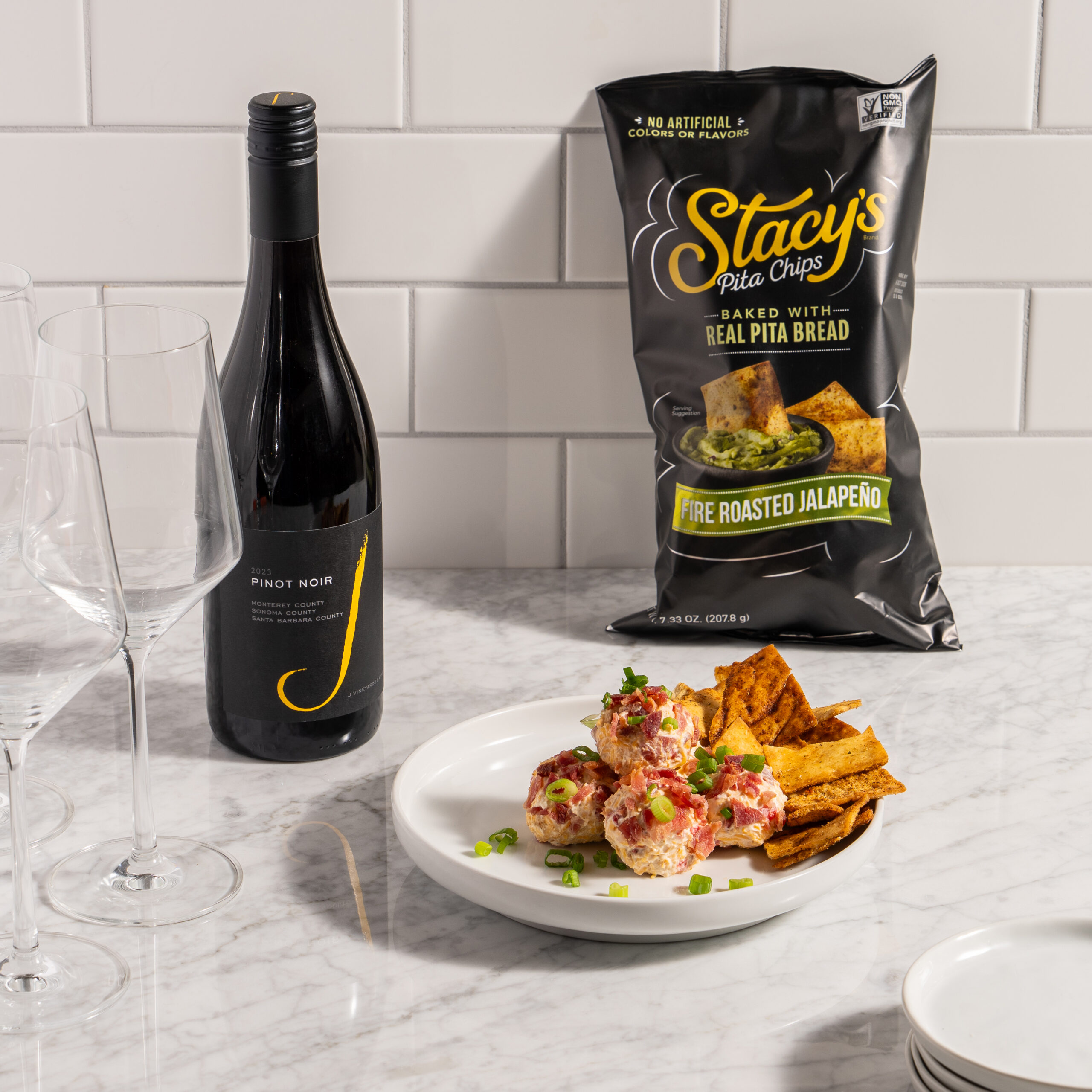 Stacy’s® Fire Roasted Jalapeño pita chips and J Pinot Noir